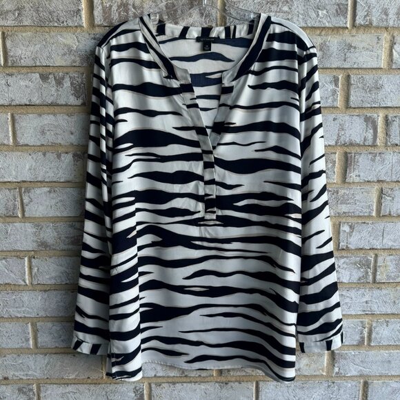 Ann Taylor Long Sleeve V-Neck Black/White Zebra Print Blouse Women's Size 14 - Picture 1 of 9